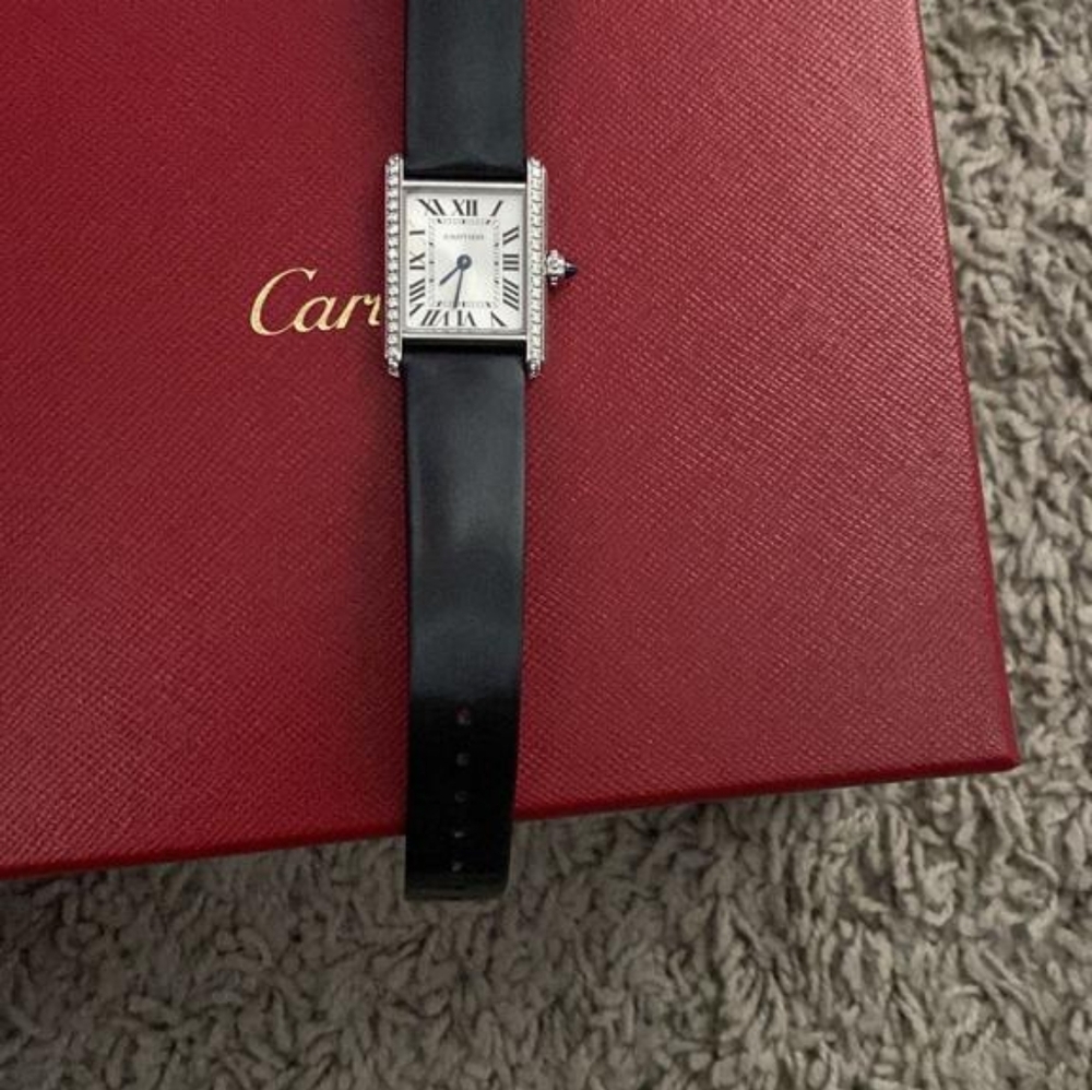 Cartier Tank Must With Diamonds Black Leather Watch